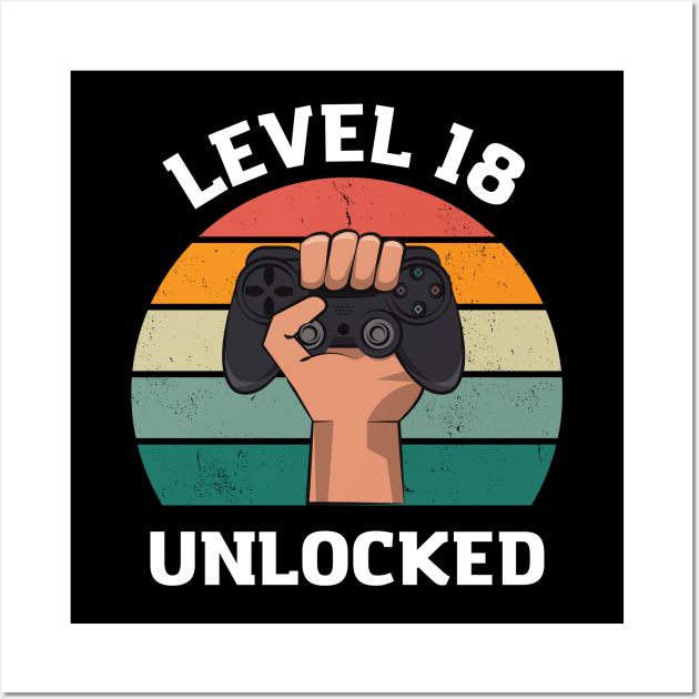 birthday gift t-shirt for an 18-year-old, Gamer, Level 18 Unlocked Wall Art by Crazy.Prints.Store